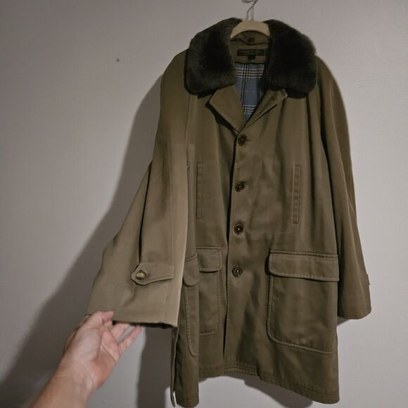 Brooks Brother Men’s Faux Fur Lined Trench Coat Size 42 Stylish Sleek Euc Khaki - Picture 1 of 13